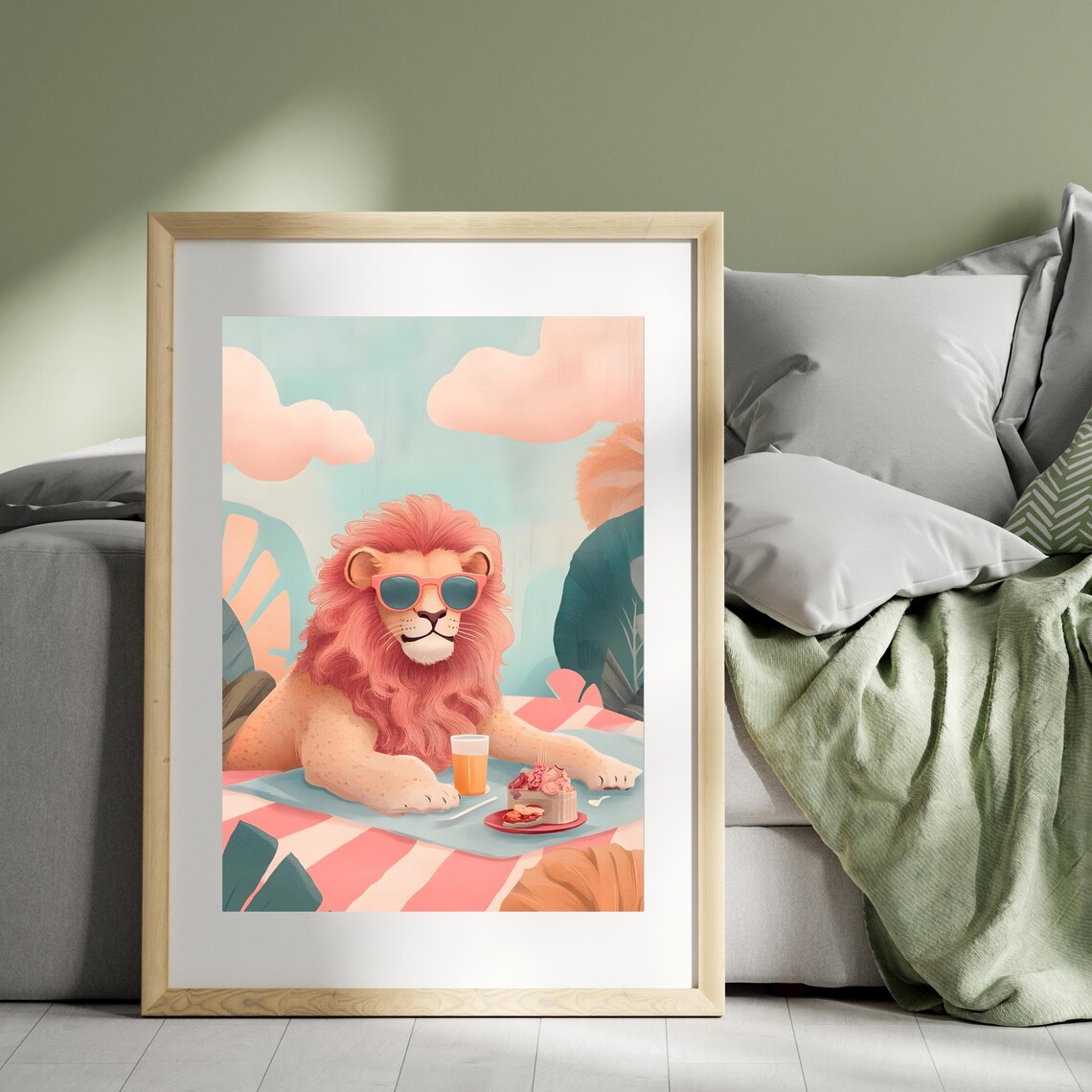 Carefree Lion With a Coral Mane and Sunglasses Lounging at a Pink Picnic Poster - Image 7