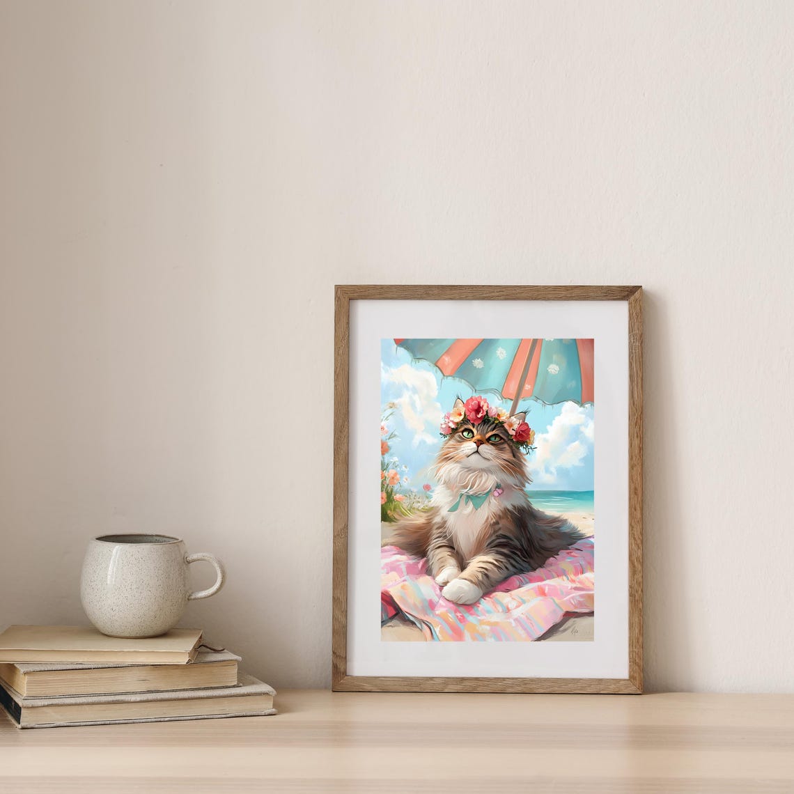 Fluffy Long-Haired Cat in Flower Crown Under Beach Umbrella Poster - Image 3