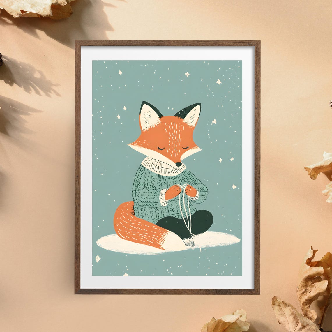 Fox Knitting in Sweater Winter Snowfall Cozy Animal Nursery Art Poster - Image 6