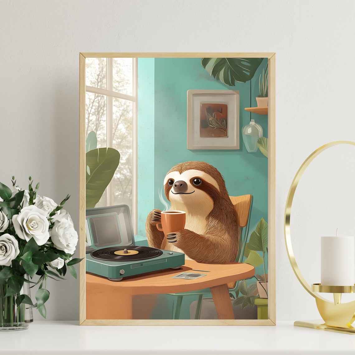 Smiling Sloth Drinking Hot Coffee Beside a Vintage Mint Record Player Poster - Image 6