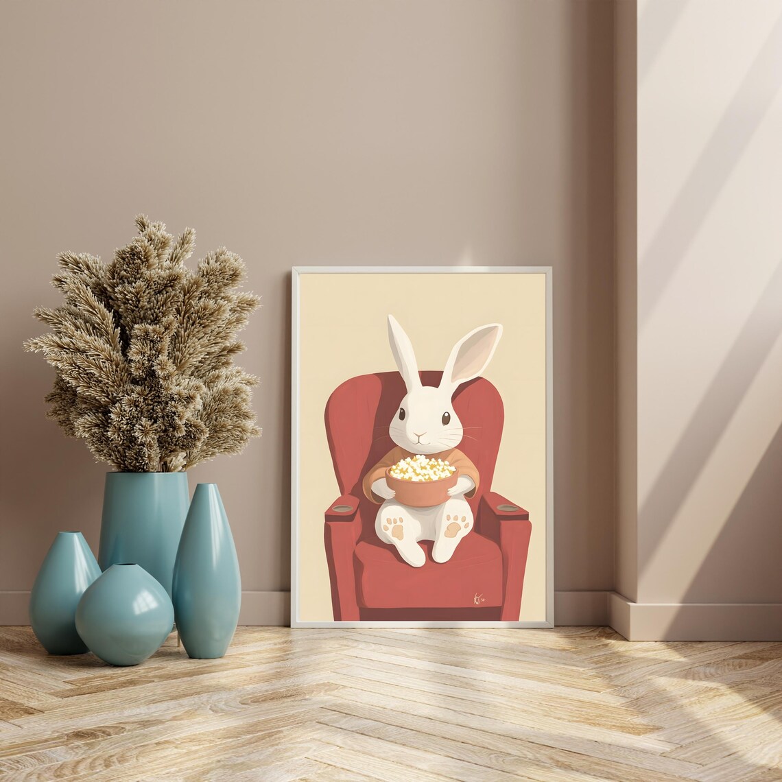 White Bunny Eating Popcorn in Red Armchair Movie Night Poster - Image 8