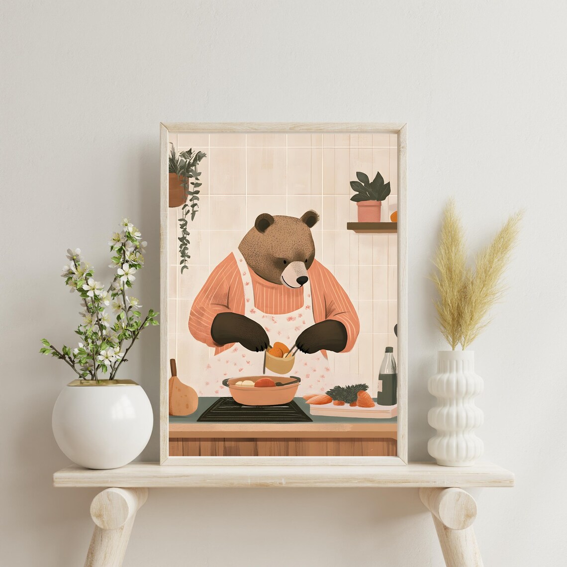 Cozy Bear Chef Cooking at the Stove Wearing a Floral Kitchen Apron Poster - Image 4