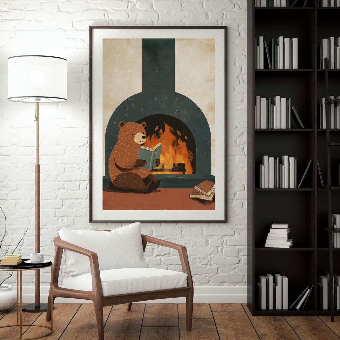 Cozy Brown Bear Reading a Book by a Crackling Fireplace Poster - Image 3