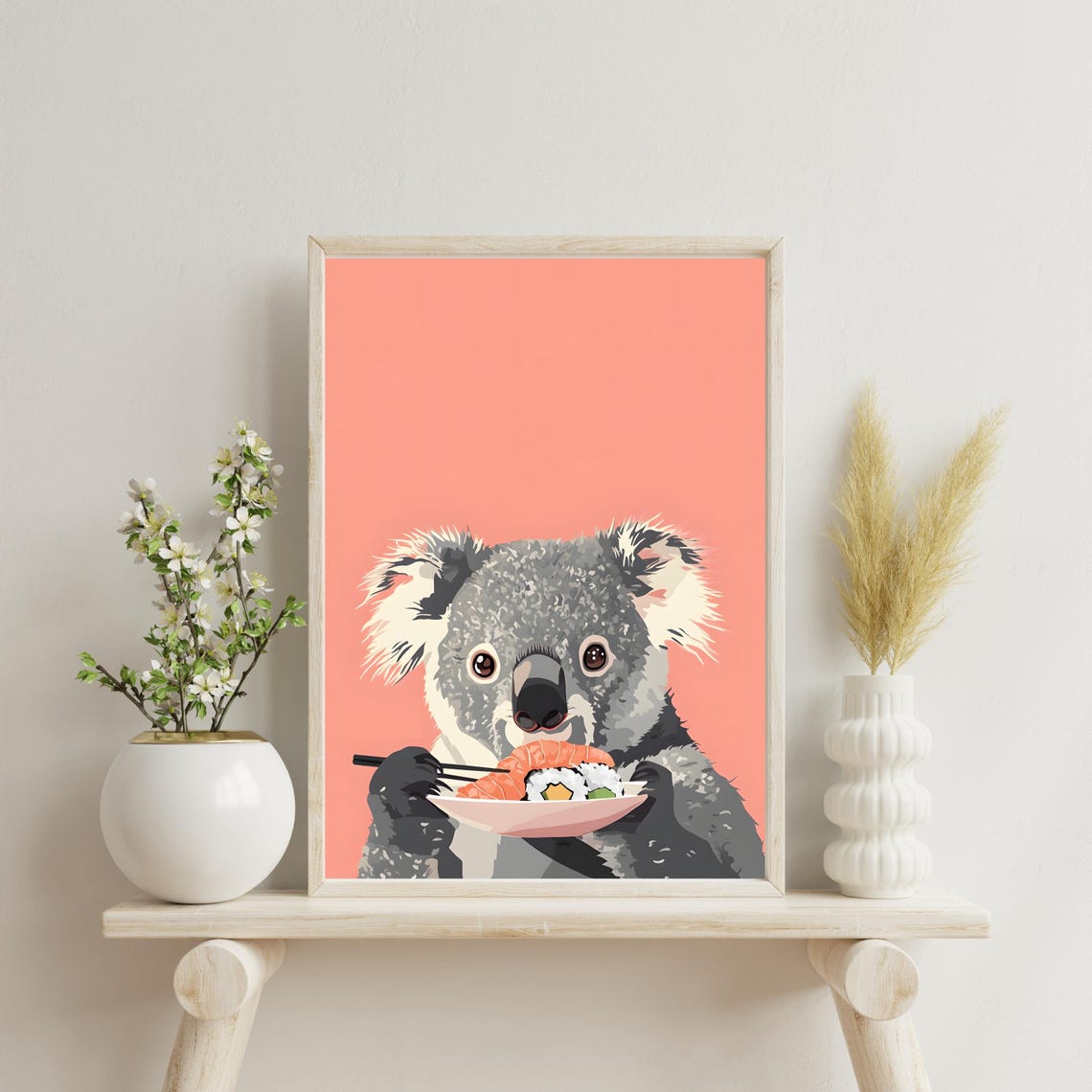 Cute Koala Eating Sushi with Chopsticks on a Coral Background Poster - Image 3