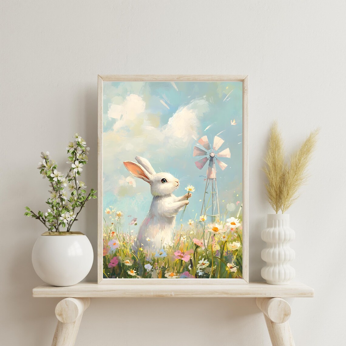 Playful White Bunny Holding a Daisy in a Blooming Spring Flower Meadow Poster - Image 2