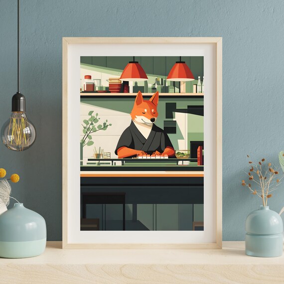 Smiling Fox Sushi Chef Working Behind the Sushi Counter Poster