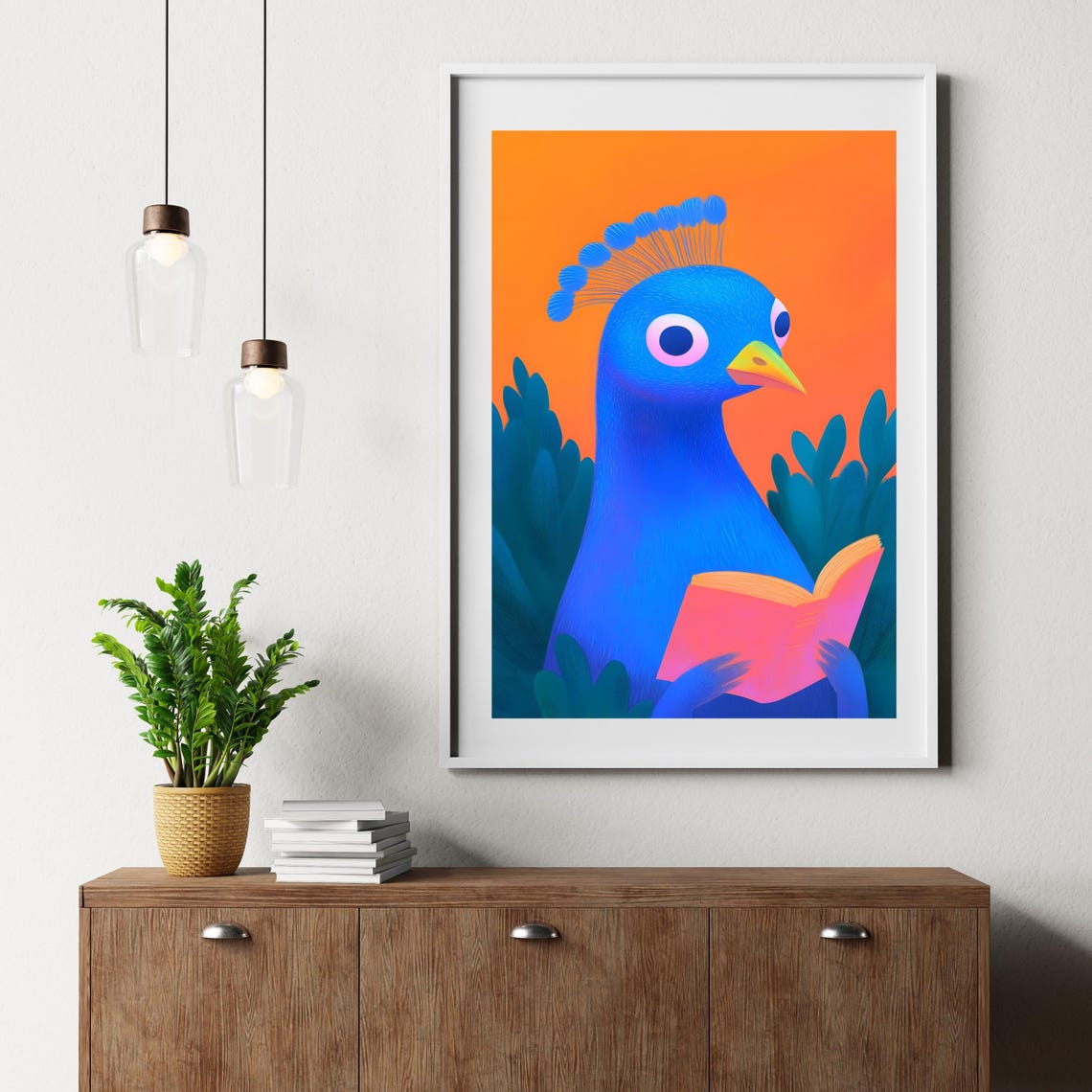Blue Peacock Reading A Pink Book On Orange Background Art Poster - Image 2