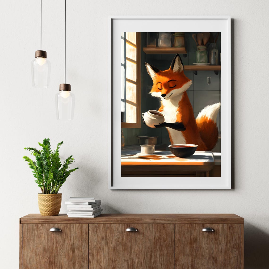 Cheerful Orange Fox Holding Teapot in Sunlit Kitchen Window Poster - Image 2