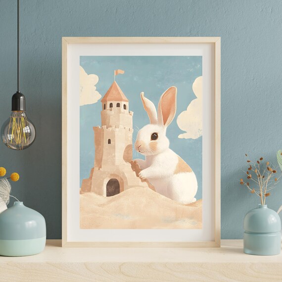 Adorable White Bunny Building a Sandcastle Tower on the Beach Poster