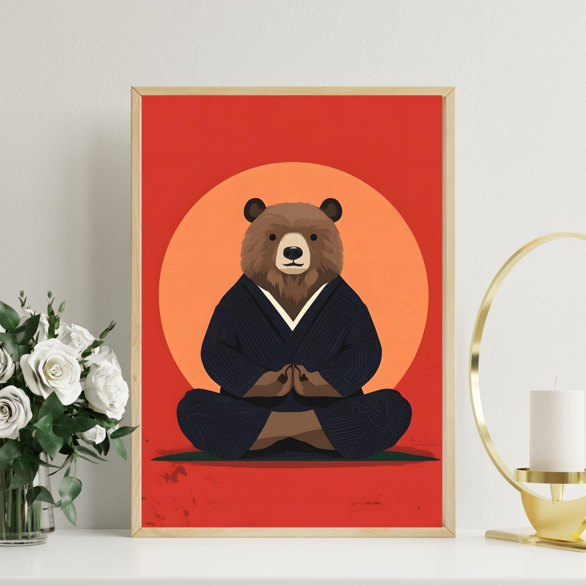 Zen Bear Meditating In A Kimono Before A Glowing Rising Sun Poster - Image 2