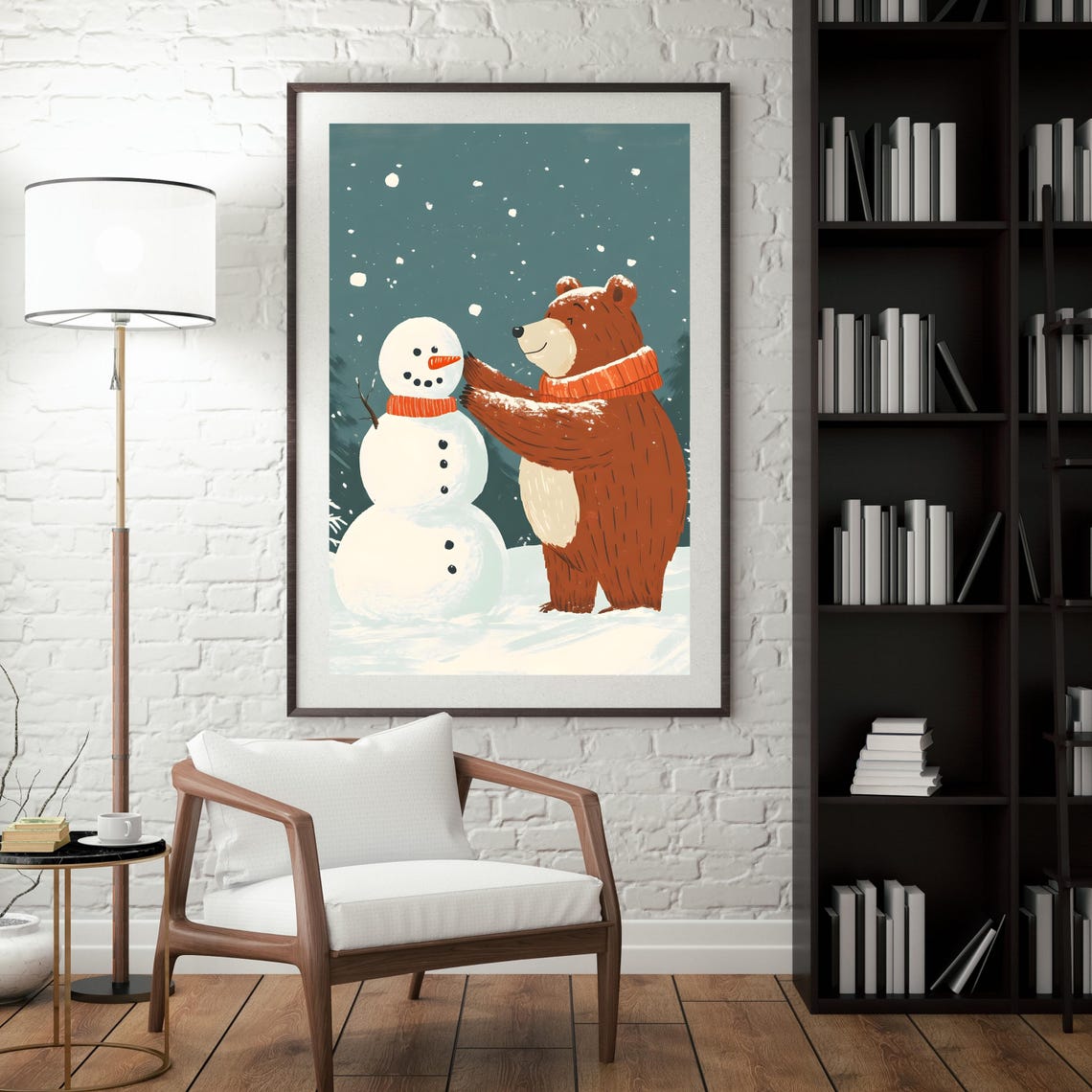 Cute Brown Bear in Orange Scarf Building a Snowman Winter Poster - Image 5
