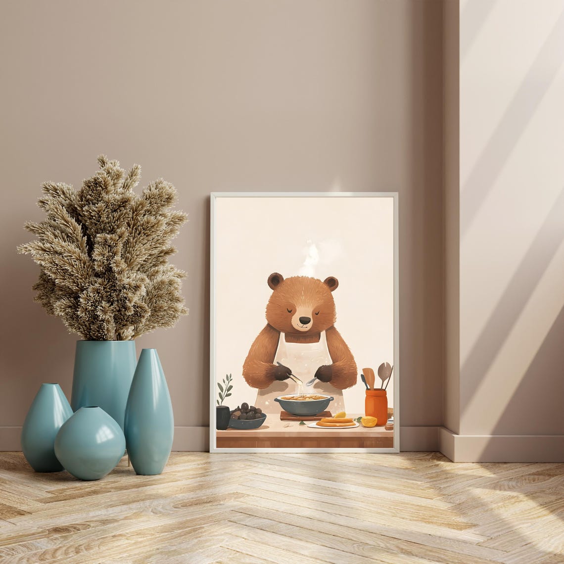 Cute Bear Chef Stirring Pasta in a White Apron in the Kitchen Poster - Image 8