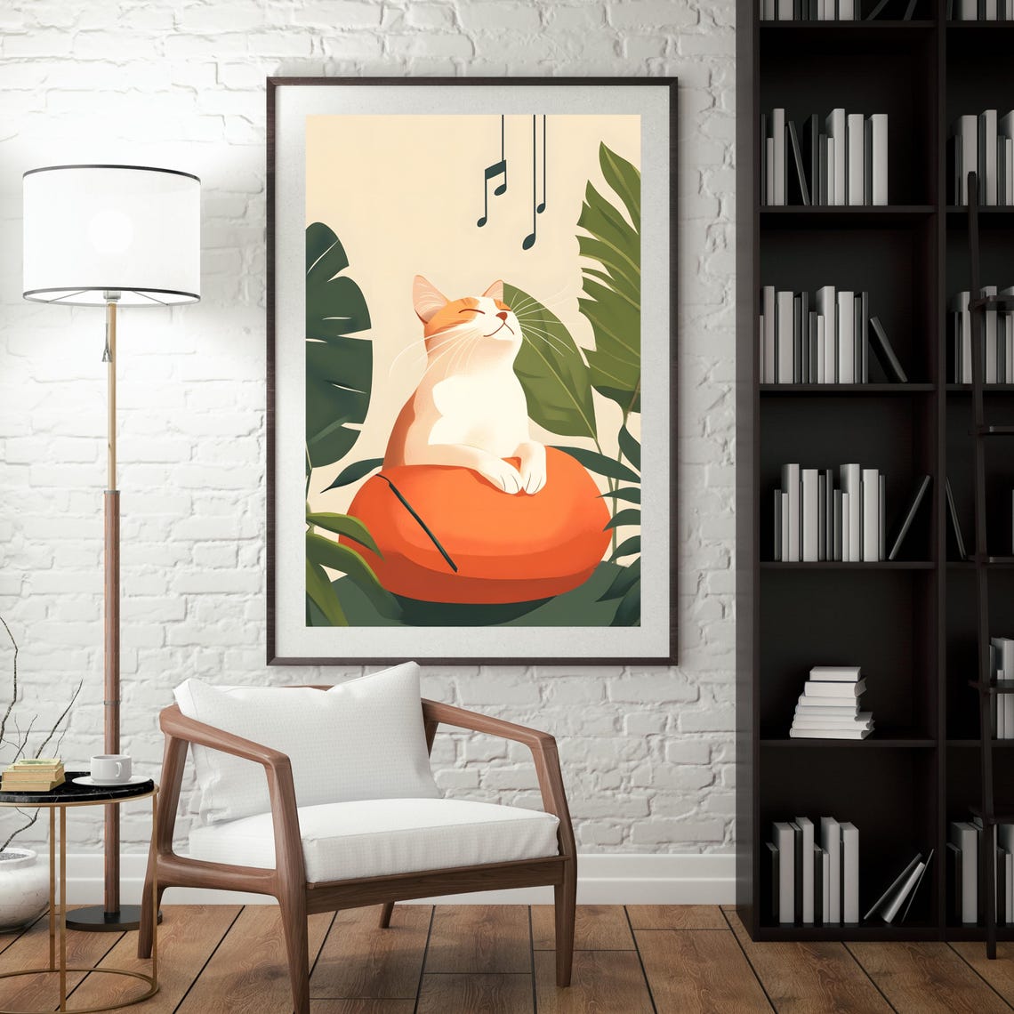 Happy White Cat on an Orange Pouf among Tropical Leaves Poster - Image 4