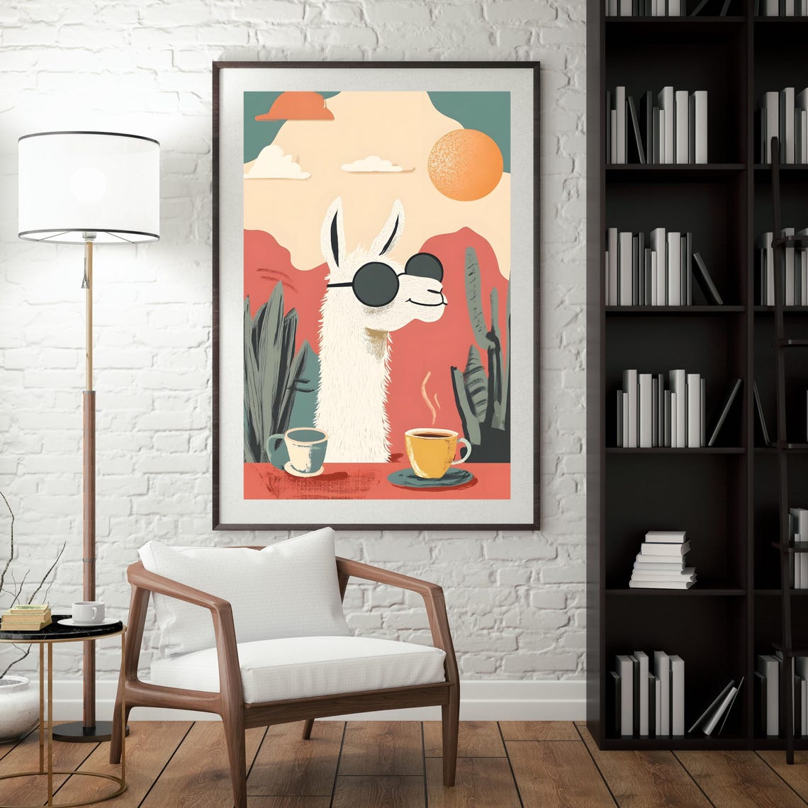 Cool Llama in Sunglasses with Two Coffee Cups on a Desert Poster - Image 5
