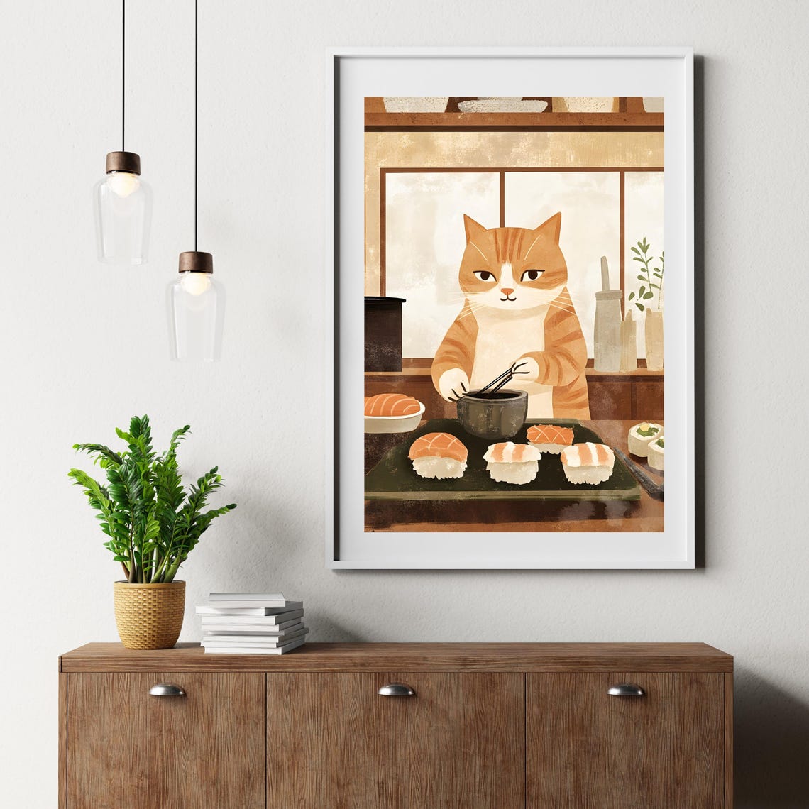 Orange Tabby Cat Chef Eating Sushi In A Cozy Japanese Kitchen Poster - Image 2