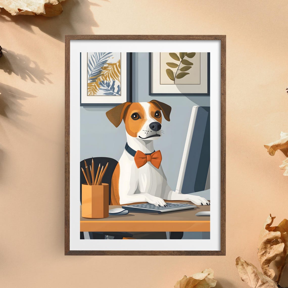 Jack Russell Dog Working At A Computer Wearing A Bow Tie Poster