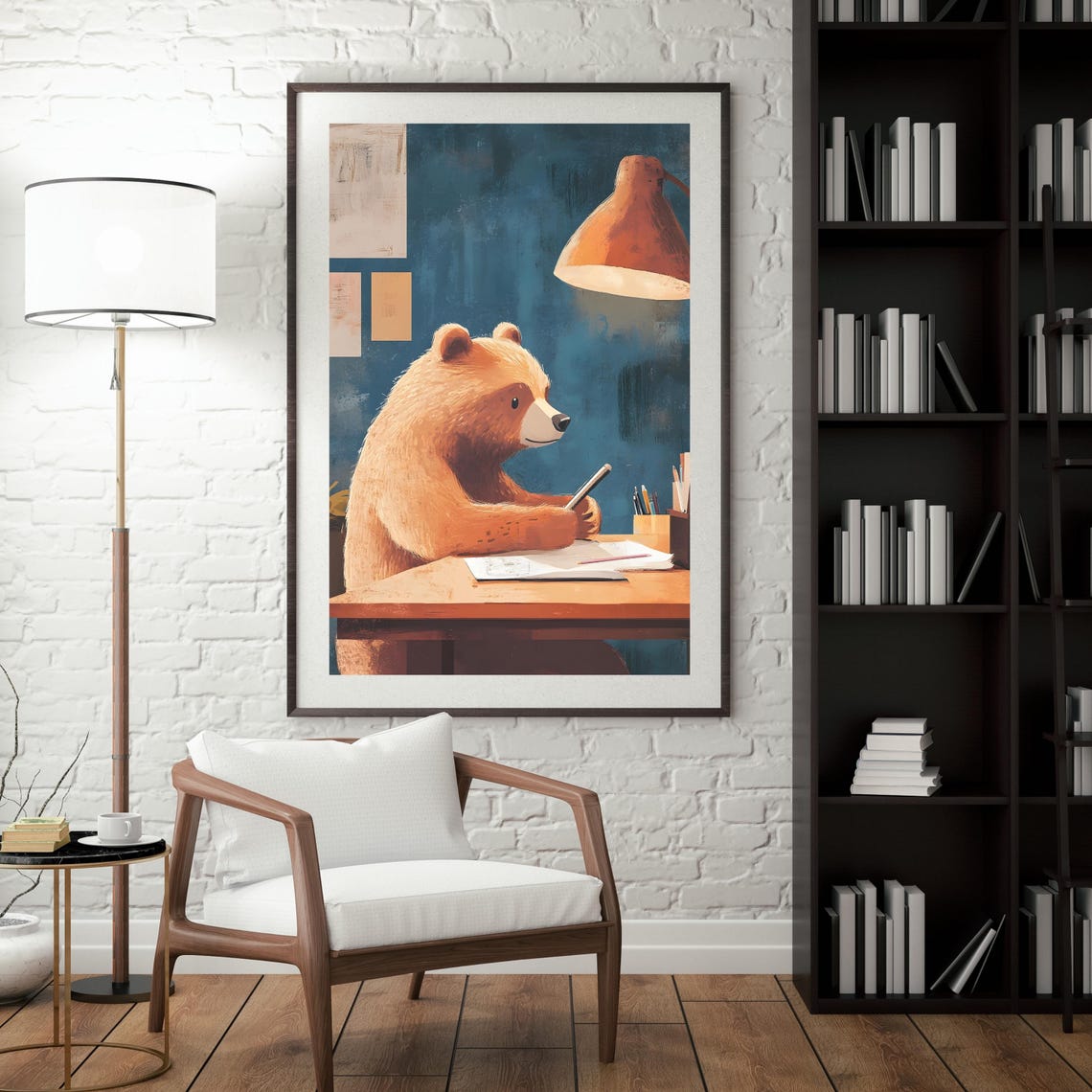 Cute Brown Bear Writing In A Notebook At A Desk Under A Lamp Poster - Image 4