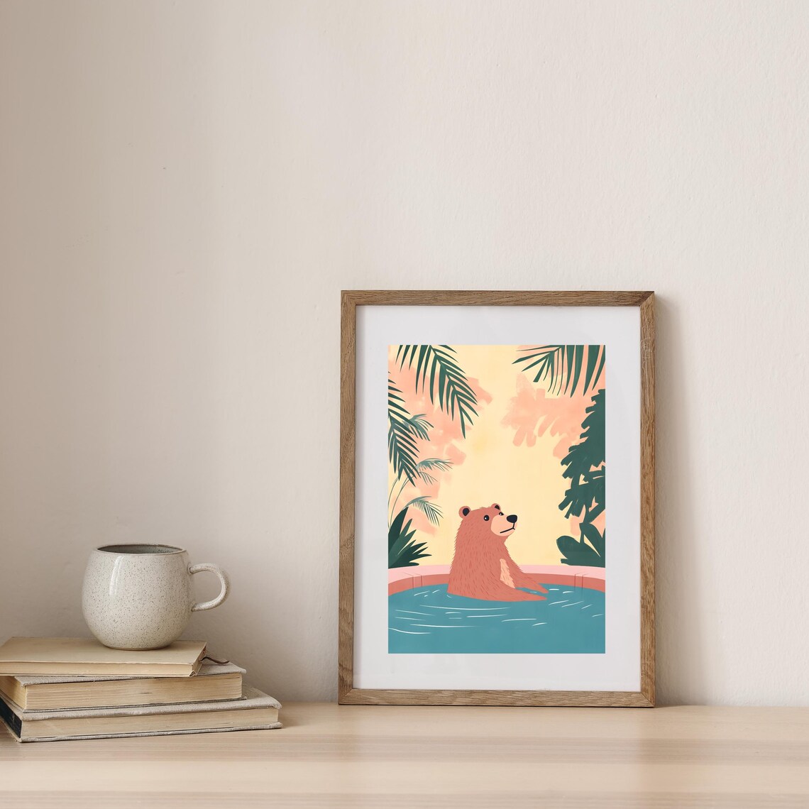 Smiling Brown Bear Floating in a Tropical Pool Under Pink Sunset Skies Poster - Image 7