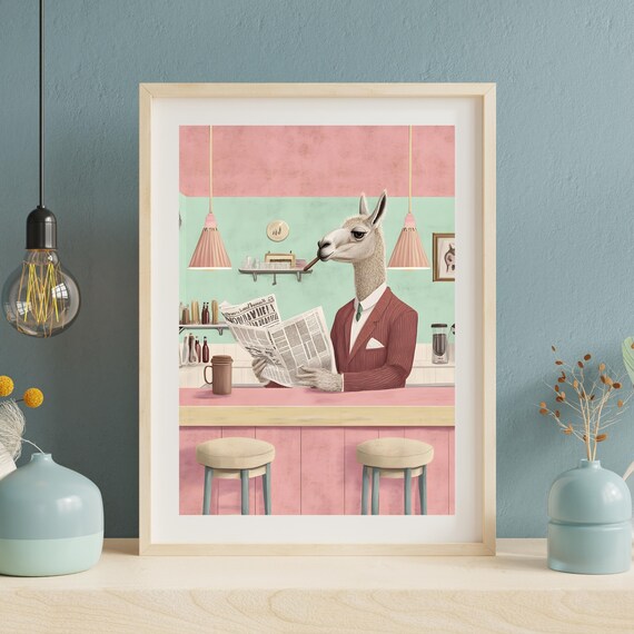 Dapper Llama in a Pinstripe Suit Reading the Newspaper at a Retro Cafe Poster
