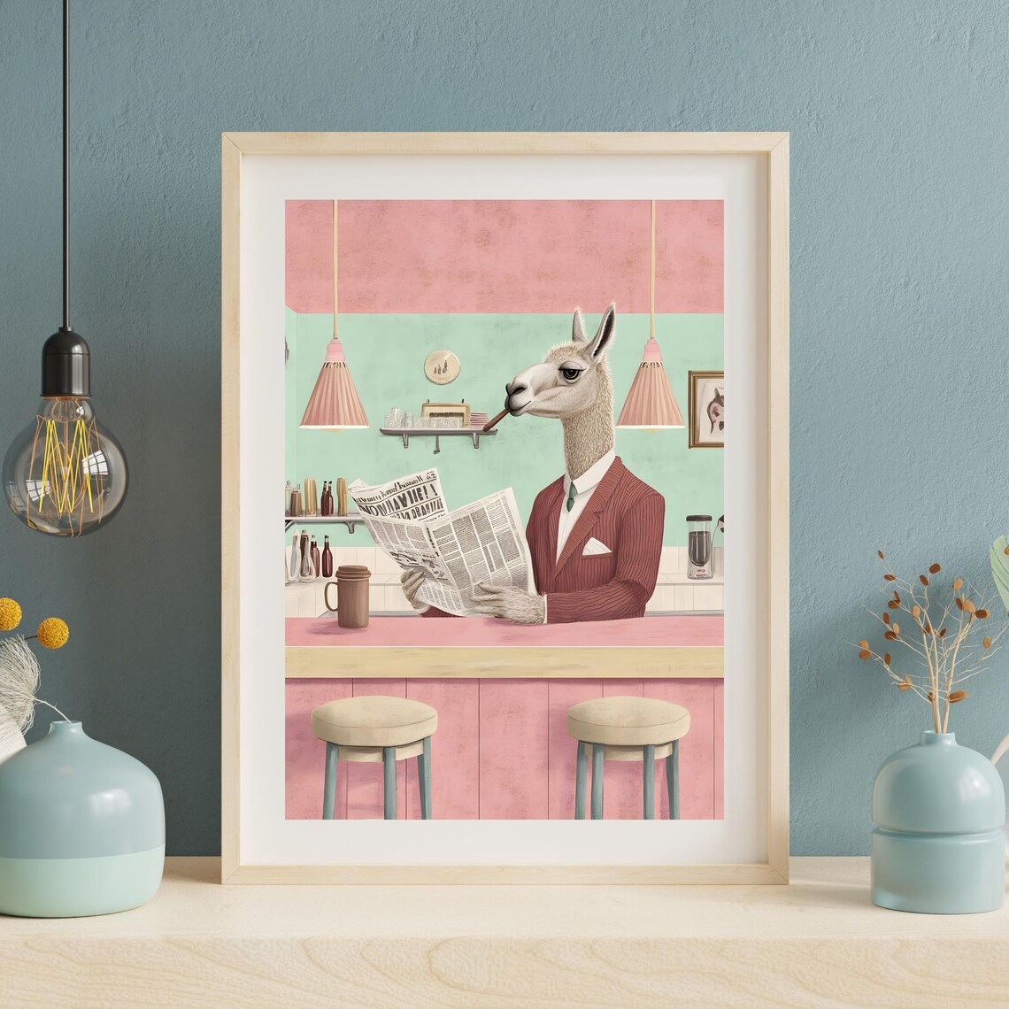 Dapper Llama in a Pinstripe Suit Reading the Newspaper at a Retro Cafe Poster