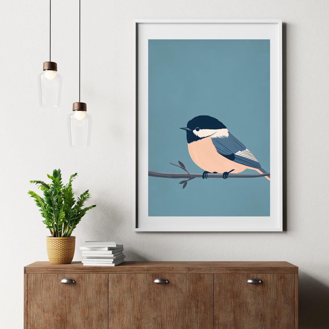 Minimalist Chickadee Perched on a Branch Dusty Blue Bird Poster - Image 2