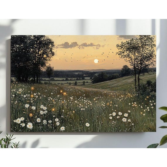 Fireflies Field In Twilight Wall Art Moody Landscape Antique Oil Painting Artwork Print