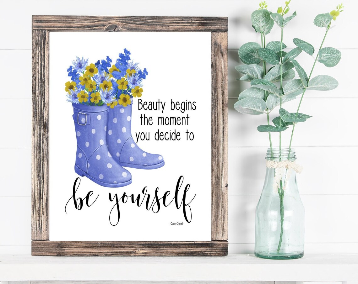 Coco Chanel Be Yourself Quote Purple Rain Boots Farmhouse Poster