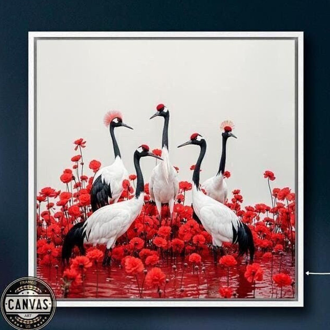 Red Crowned Cranes Among Scarlet Flowers Elegant Japanese Art Poster
