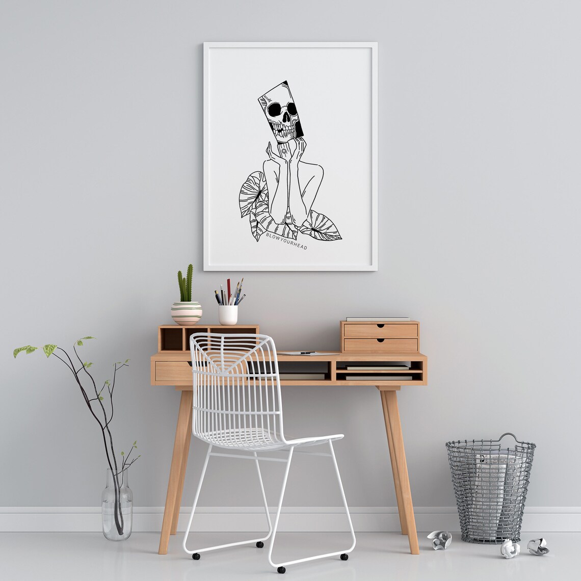 Overthinking Skull Head Woman Leaves Dark Surreal Line Art Poster - Image 3