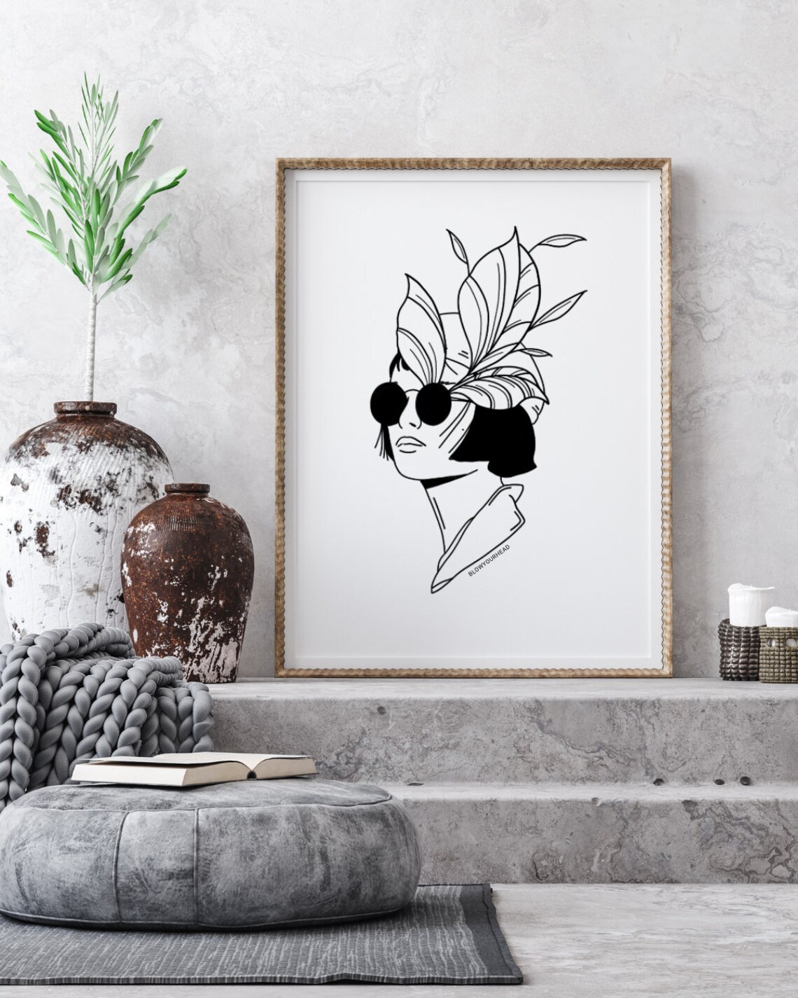 Autumn Woman Sunglasses Leaf Head Chic Fashion Line Art Poster