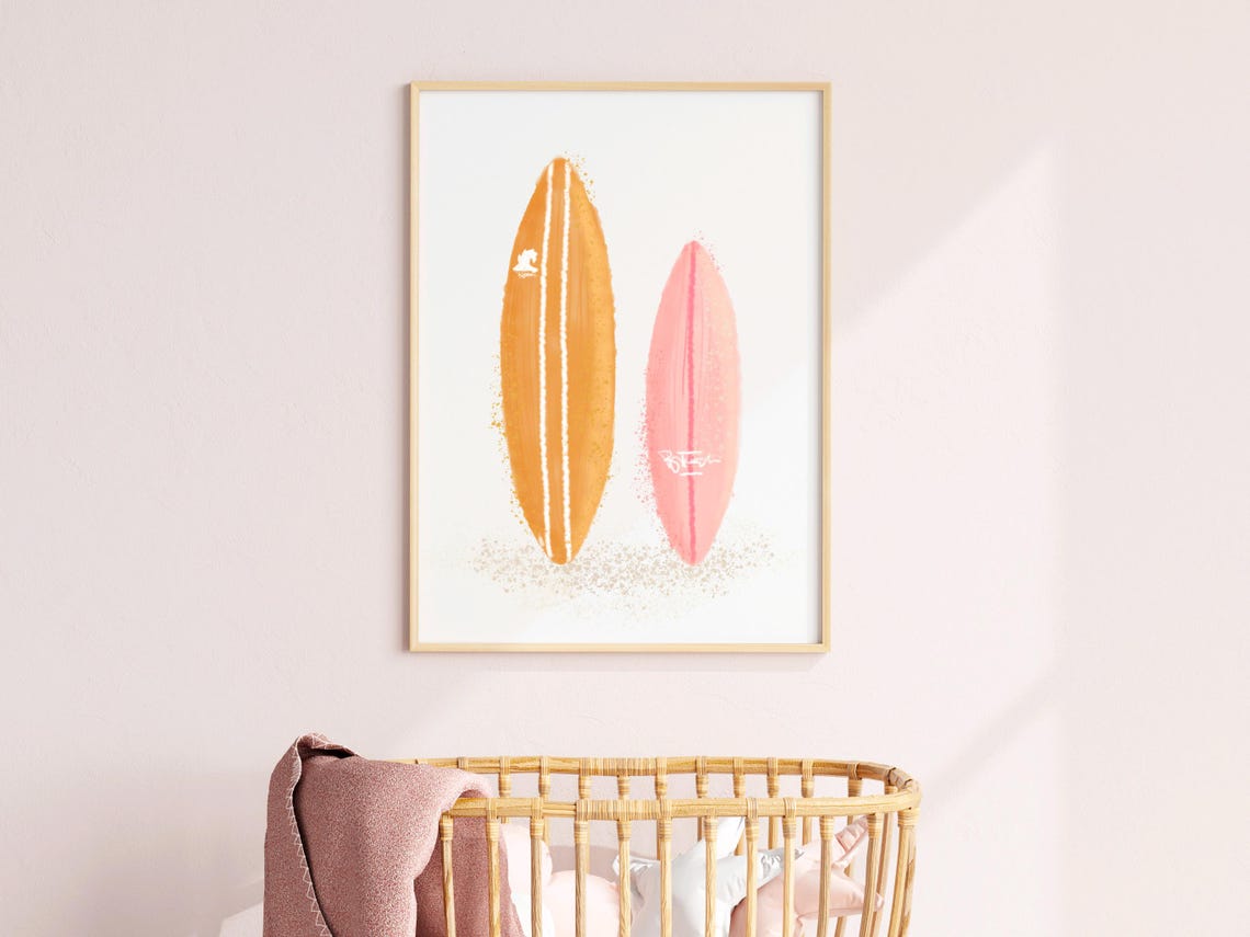 Nursery Surf Board Wall Art Print Pink Ocean Theme Nautical