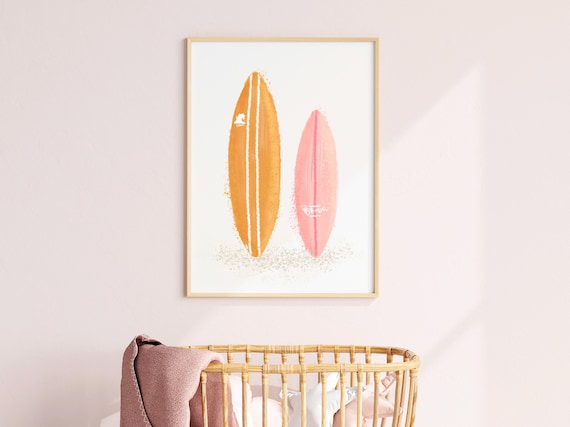 Orange and Pink Surfboards Watercolor Beach Nursery Kids Wall Art