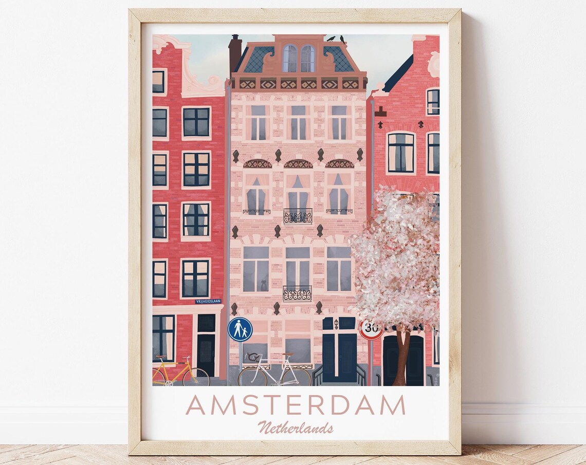 Amsterdam Netherlands Pink Canal Houses Blossom Tree Bicycles Poster