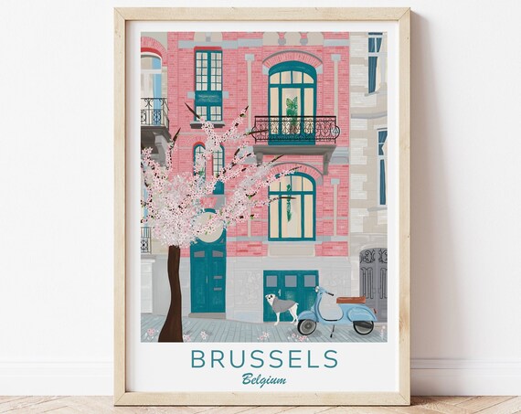 Brussels Belgium Pink Brick Townhouse Cherry Blossom Blue Scooter Poster