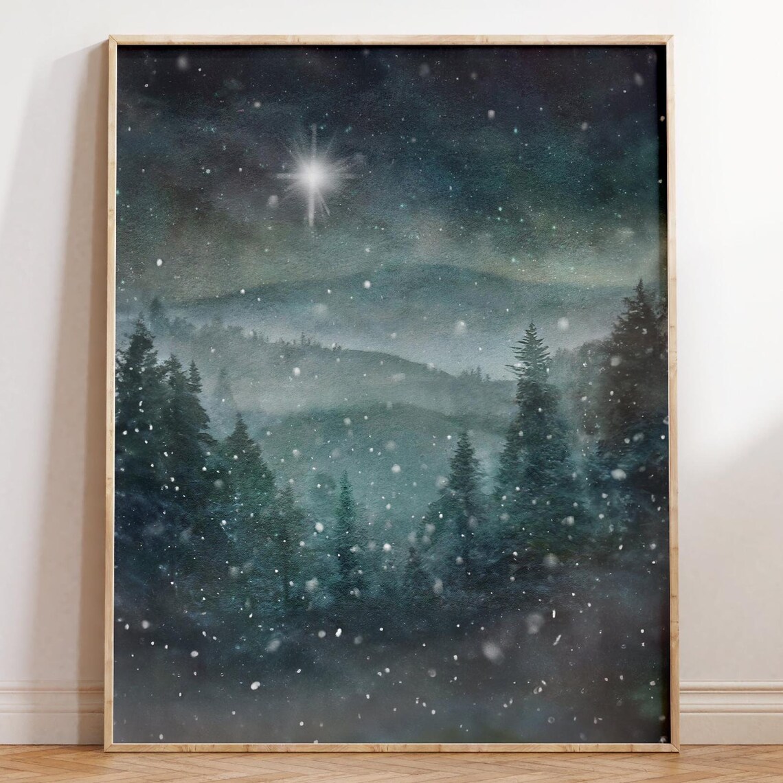 Snowy Pine Forest Bethlehem Star Night Sky Winter Wonderland Poster