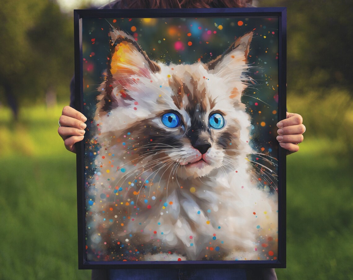 Fluffy Kitten Portrait Striking Blue Eyes Colorful Dots Cute Wall Print