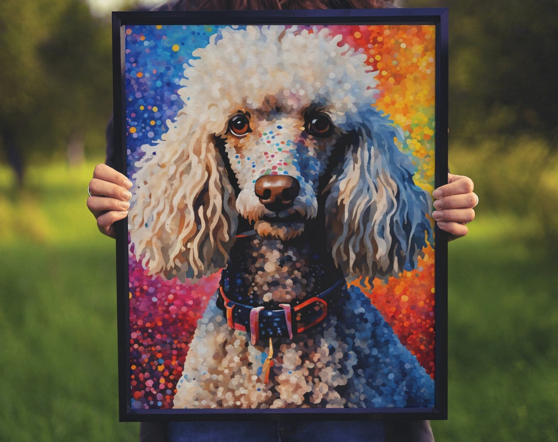 White Poodle Front Portrait Rainbow Speckle Dots Glamorous Wall Print