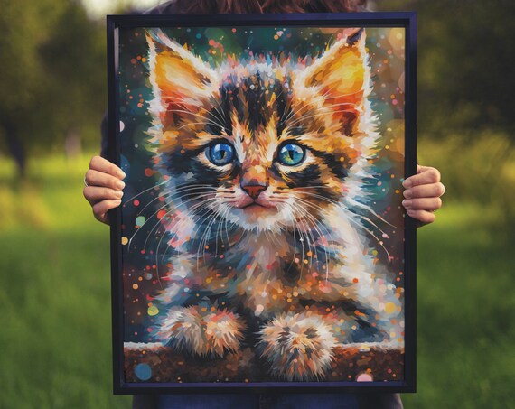 Tabby Kitten Portrait Blue Eyes Speckled Mosaic Cute Cat Wall Print