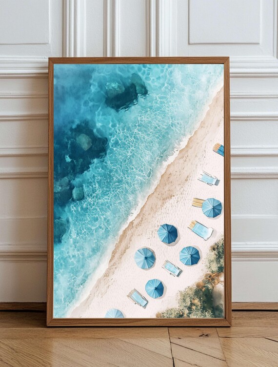 Aerial Turquoise Beach with Blue Umbrellas Watercolor Poster