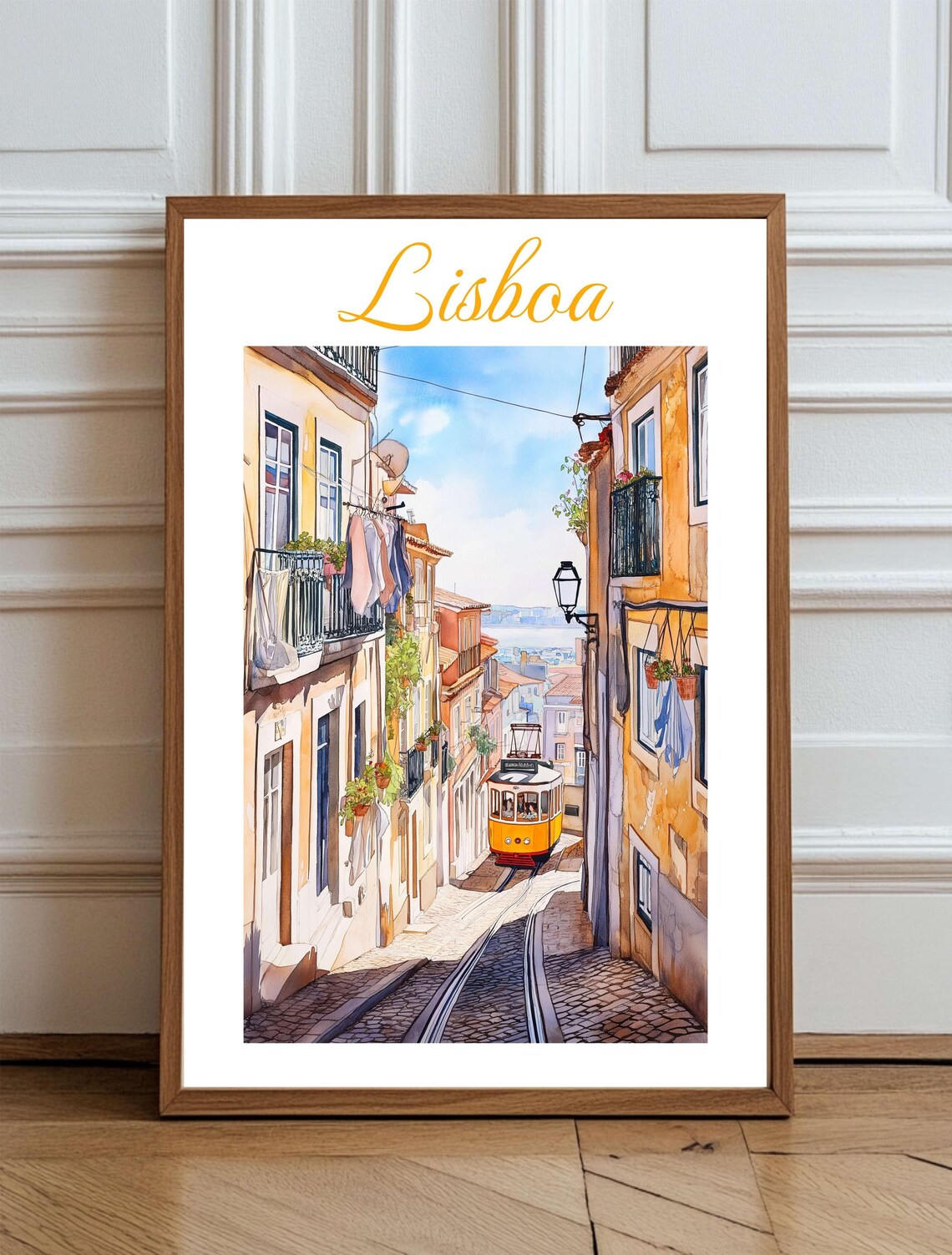 Lisbon Tram Alfama Street Watercolor Travel Poster