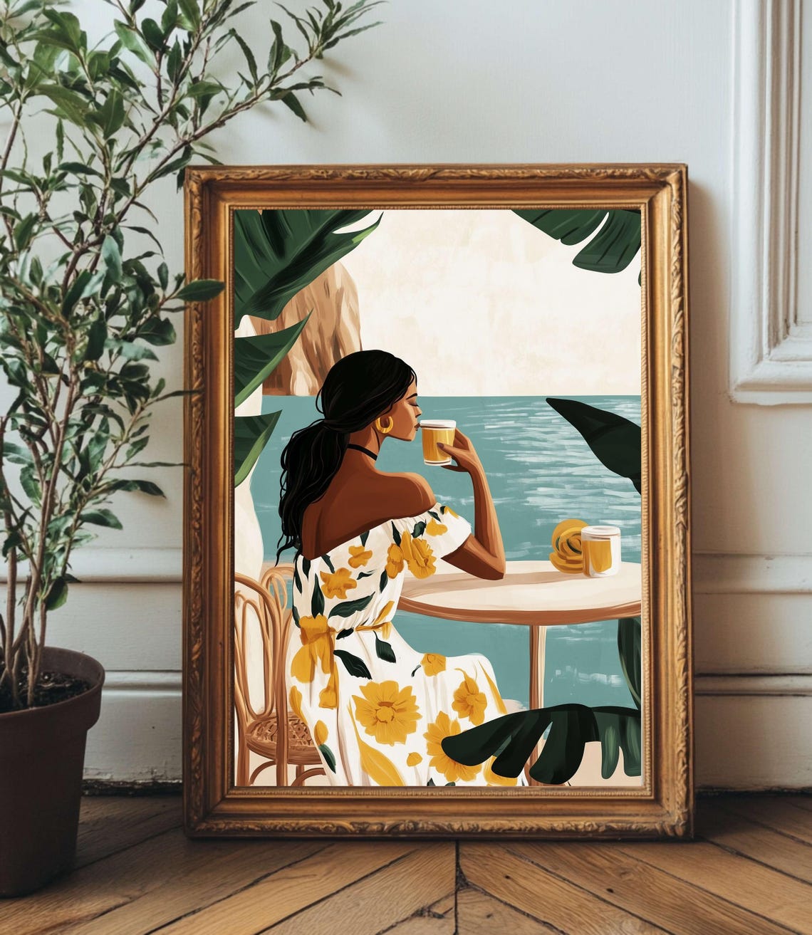 Boho Woman Drinking Coffee by the Sea Terrace Illustration Poster