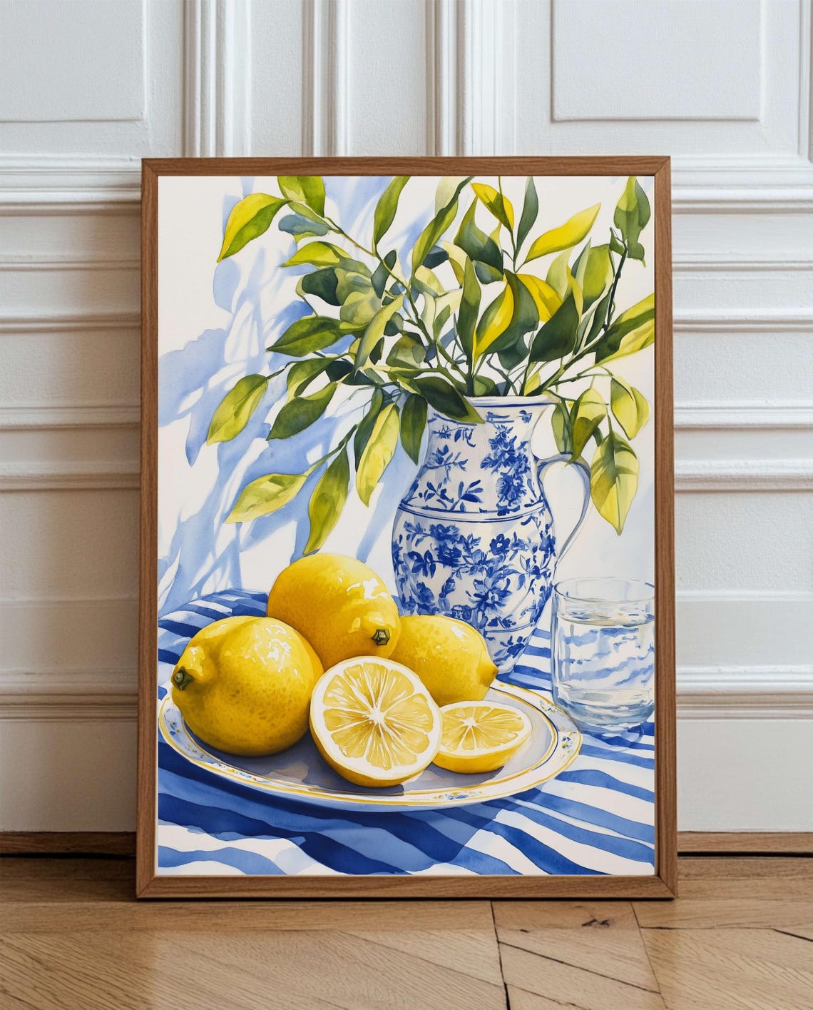 Sicily Italian Lemon Kitchen Blue And Yellow Watercolor Still Life With Lemons Botanical Striped Tablecloth