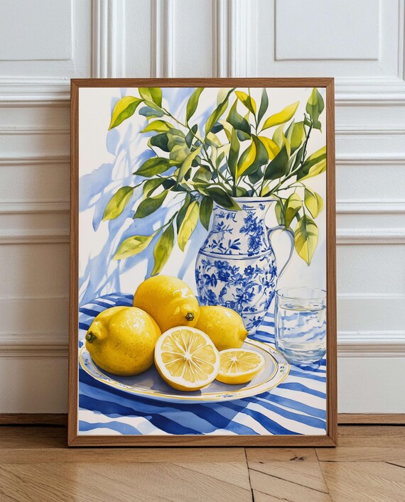 Sicilian Lemons and Blue Porcelain Watercolor Still Life Poster