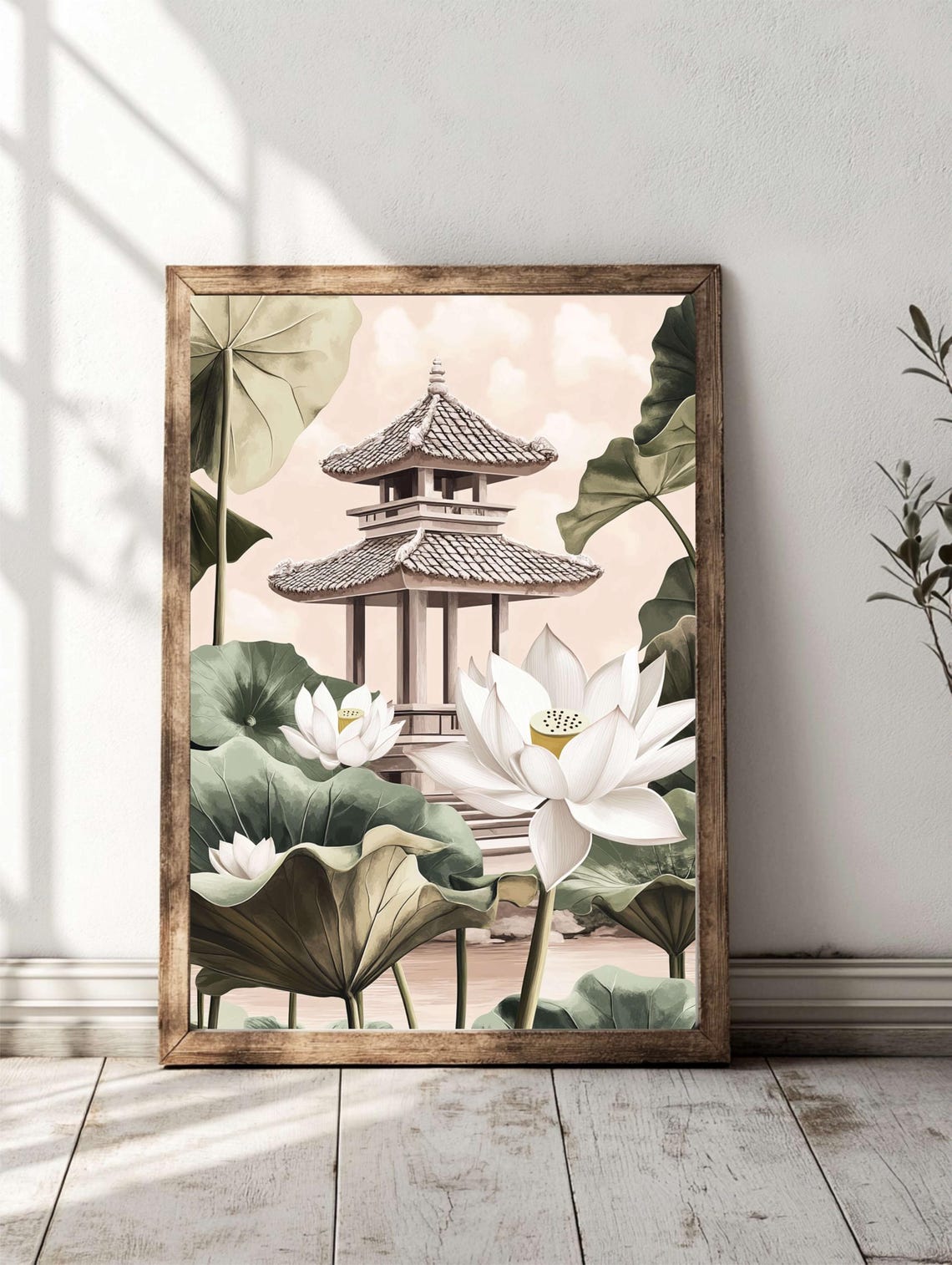 White Lotus Pagoda Asian Temple Zen Botanical Meditation Wall Art