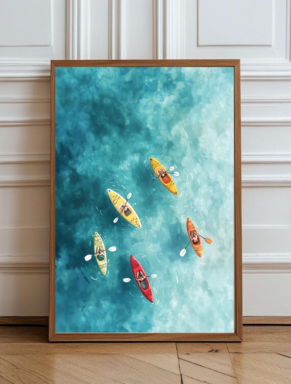 Aerial View of Five Colorful Kayaks on Turquoise Water Adventure Print
