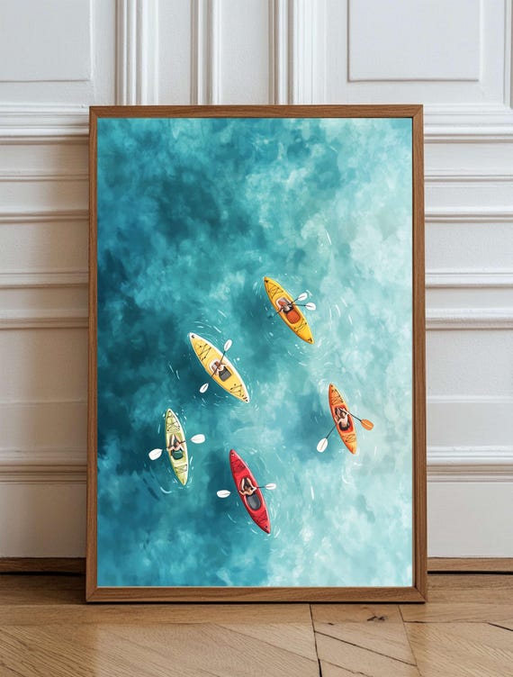 Minimalist Watercolor Kayaking Wall Art Aerial Lake View Print Colorful Canoe Adventure Boho Decor Nature Poster