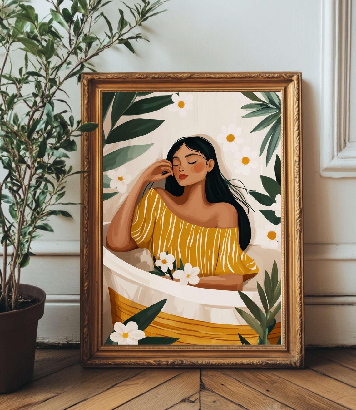 Boho Woman In Bath Mustard Blouse Tropical Botanical Art Poster