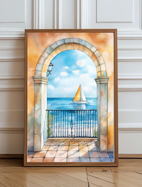Sailboat Through Stone Arch Mediterranean Coastal Watercolor Poster