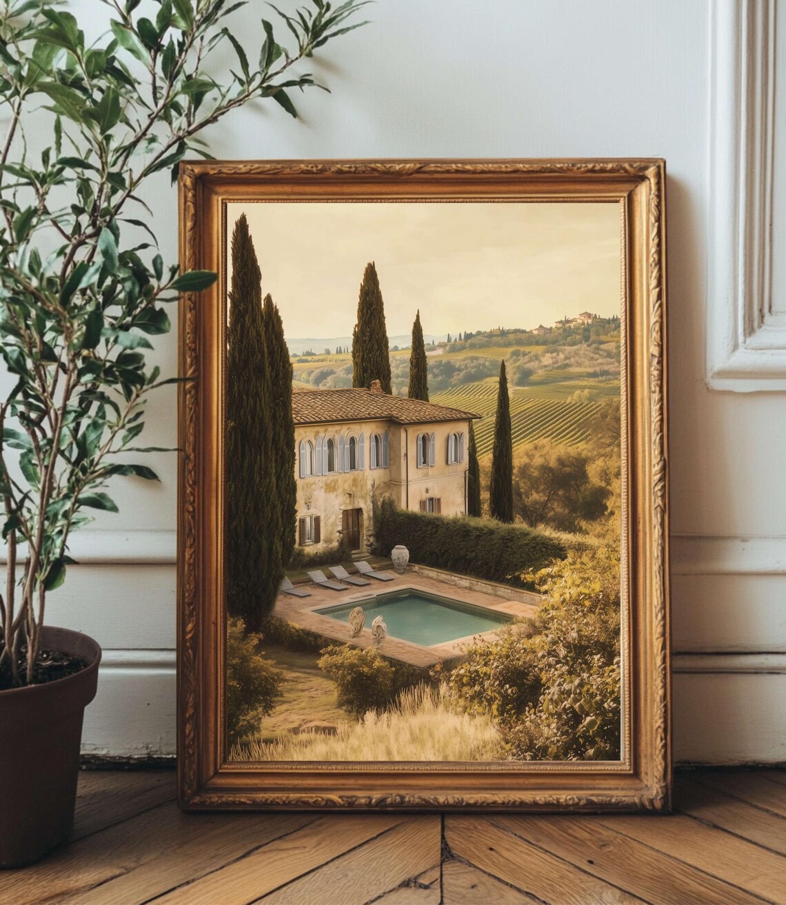 Tuscan Villa Pool and Vineyard Hills Golden Hour Landscape Art Poster