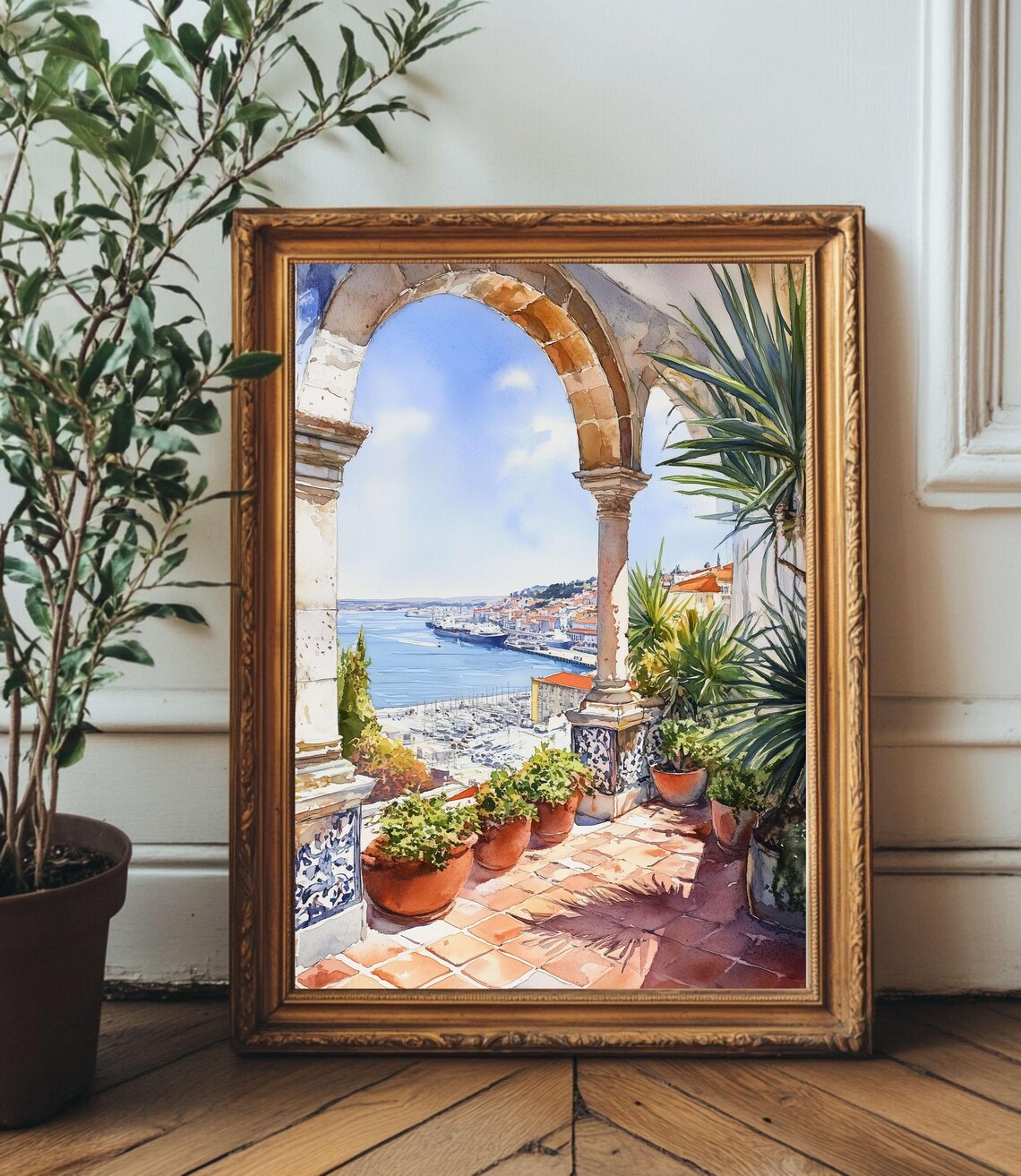 Lisbon Portugal Alfama Balcony Harbor Watercolor Travel Poster